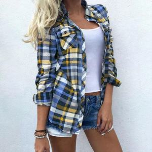 <strong>Womens</strong> Colorful Plaid Print Shirts Rainbow Button Down Checkered Blouse Long Sleeve Tops Fall <strong>Clothes</strong> Casual Shirt - Product Image 3