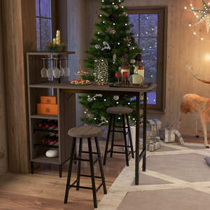 3 Piece bar nhà Bếp bàn ăn và ghế đặt công nghiệp Pub bảng và phân với rượu vang thủy tinh chủ sở hữu và 6-chai rượu vang kệ - Product Image 2