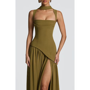 فستان شيفون لوصيفة العروس مع وشاح بفتحة رقبة مربعة وفتحة جانبية بطيات فستان رسمي طويل NT01 - Product Image 4