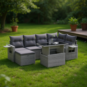 Ensemble de canapés de jardin en rotin gris moderne avec rangement, mobilier d'extérieur 6 places, design contemporain - Product Image 2