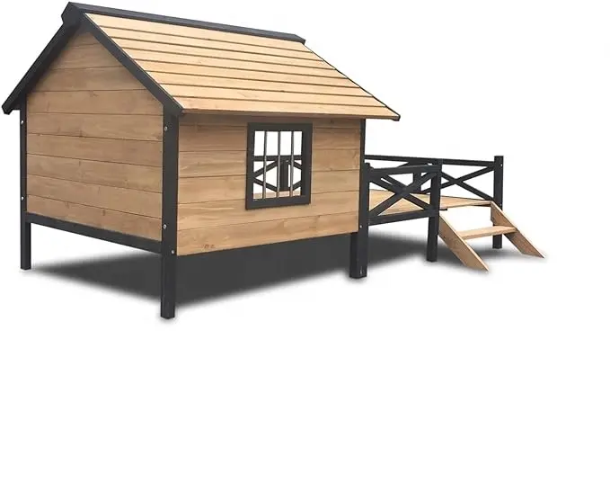 Stile di casa in legno grande cuccia per cani resistente all'acqua sostenibile all'aperto con ampio portico per il tuo cucciolo