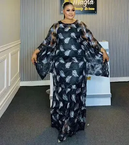 L7632 Vêtements pour femmes africaines Dashiki Abaya Robes longues de soirée élégantes et amples + Jupe intérieure et écharpe 3 tailles libres - Product Image 5