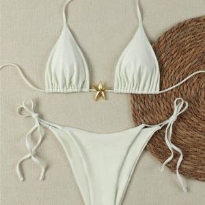 Women's Solid Color Metallic Triangle <b>Bikini</b> <b>Set</b> Crossed Halter Two Piece Swimsuit For Swimming And Water Sports - Product Image 2