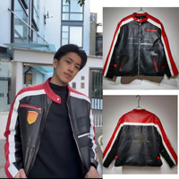 Blouson en cuir décontracté coupe ample grande taille avec col montant brodé et fermeture éclair, style motard, coupe-vent en coton pour le printemps