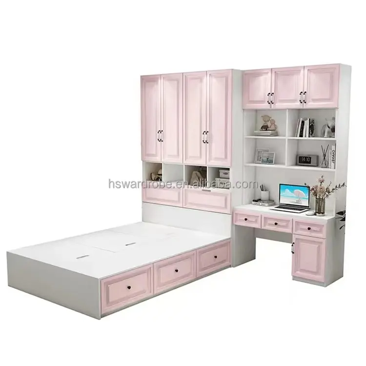 Customized Wholesale cheap luxury storage wooden double full king queen size bed frame modern with study table for kids children