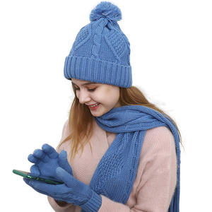 Fabricant de tricots Logo personnalisé Cable Knit Femmes Pom Pom Chapeau et Écharpe <span class=keywords><strong>Gants</strong></span> Ensemble <span class=keywords><strong>Femme</strong></span> Hiver Écharpe, Chapeau et <span class=keywords><strong>Gants</strong></span> Ensembles - Product Image 2