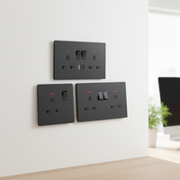 Venta Directa de Fábrica de Interruptores de Pared, Enchufe de Pared Británico Simple y Doble de 13A con USB Tipo-C e Indicador Luminoso, Color Negro Mate