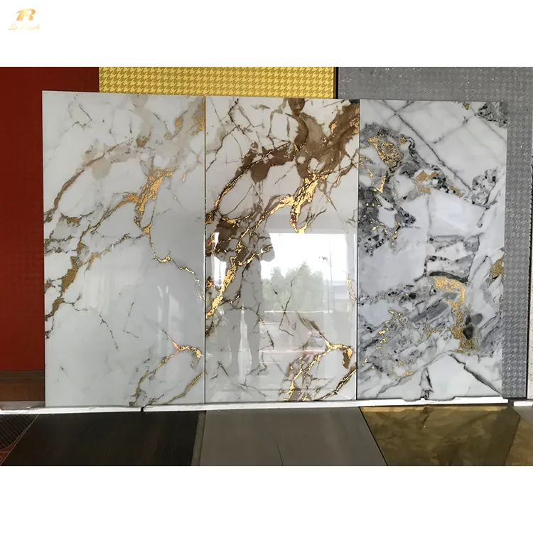 Piastrelle in marmo Foshan bianco lucido bianco lucido per pareti interne vetrificate fare clic e bloccare piastrelle in marmo per pavimenti in ceramica Carara venata dorata