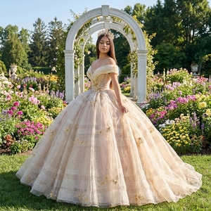 ชุดราตรีงาน Quinceanera รุ่น Spjy010 ดีไซน์หรูหรา สีแชมเปญ ทรงคอร์เซ็ทจับจีบประดับลูกปัดและดอกไม้ ผ้าทูลล์วิบวับ ทรงเจ้าหญิง แบรนด์ Jancember - Product Image 1