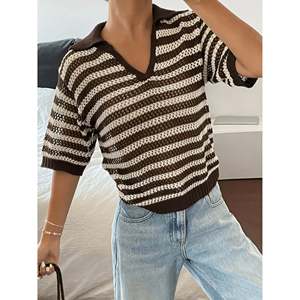 Suéter polo de punto abierto a rayas marrón y blanco, top informal para mujer - Product Image 3