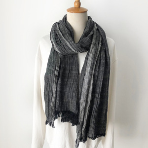 Syal Katun Linen Bergaris Artistik Gaya Jepang Musim Gugur Musim Dingin untuk Wanita Syal Atmosfer Gaya Korea untuk Pria - Product Image 2