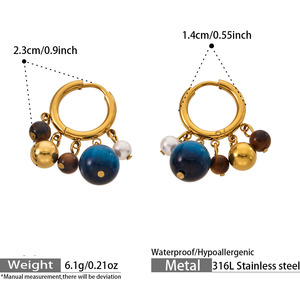 CAIOOCHE Boucles d'oreilles tendance en acier inoxydable avec pierres naturelles et pompons colorés, plaqué or 18 carats, bijoux anti-ternissement, cadeau - Product Image 4