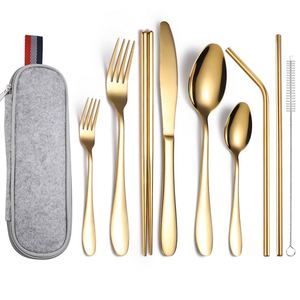 Hot Selling Luxury Stainless Steel Spoon Fork Knife Chopsticks Straw 9 Piece Travel Camping Gold Cutlery Flatware Dinnerware Set - Product Image 2