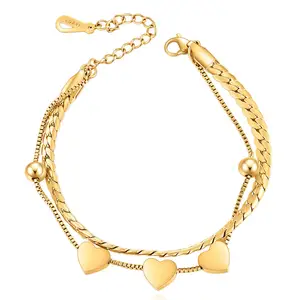 Tarnish Free Titanium 316 Stainless Steel Jewelry 18k Gold Plated Layered Cuban Chains Bracelet Heart Bracelets For Women Girls