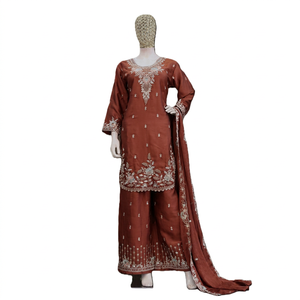 Salwar Kameez en soie marron avec broderie, coupe ample traditionnelle, tenue de mariage pour femmes, style Inde Pakistan - Product Image 1