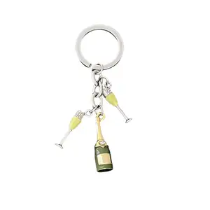 Stock metal cute colorful mini champagne bottle and glasses charm keychains with green enamel and crystals keyring