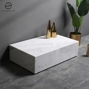 Empty White Marble Side Table Jointed Board Rectangular Plinth Marble Coffee Table