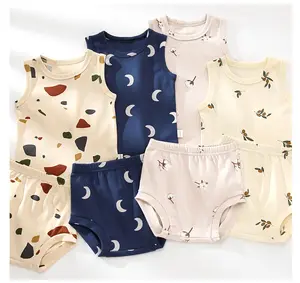 Custom Design Organic Cotton Baby Short Two Piece Clothes Sets Sleeveless Newborn Baby Boy Girl Clothes Set