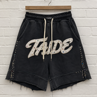 Shorts de sport TaiDe conformes CPSIA 240GSM avec patch en chenille strass, délavage acide, ourlet brut, cordon de serrage, commande en gros, streetwear homme