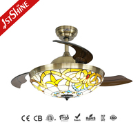 Ventilateur de plafond 1stshine rétractable avec éclairage décoratif, faible consommation d'énergie, assistant vocal, contrôle intelligent par application, avec pales cachées