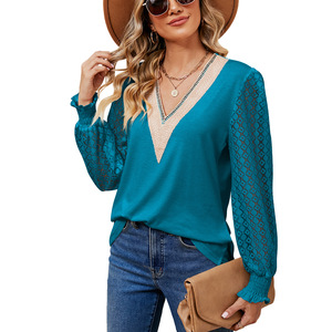 Wholesale of New V-neck Lace Elegant <strong>Blouse</strong> Plus Size Long Sleeved T-shirt Tops for Women - Product Image 5