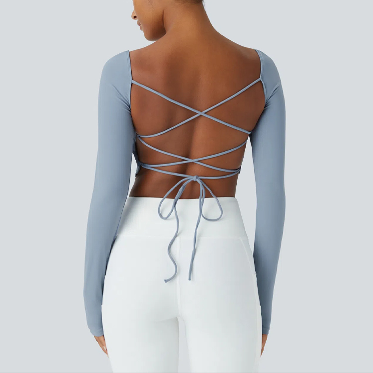 OEM Custom Logo Women's Long Sleeves Backless Crop Yoga Sports Top With Built-in Bra