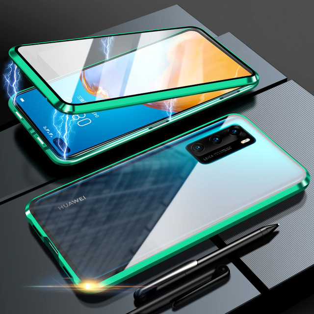 Double Side Tempered Glass Metal Frame Magnetic  Phone Case for Huawei P40 P30 P20  Mate 30 20 Pro Lite  Case