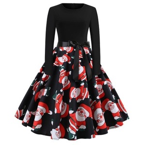 New Arrival Women's Vintage Print Long Sleeve Christmas Evening Party Swing Dress Festa Clothing Winter <strong>Clothes</strong> Black Dress - Product Image 2