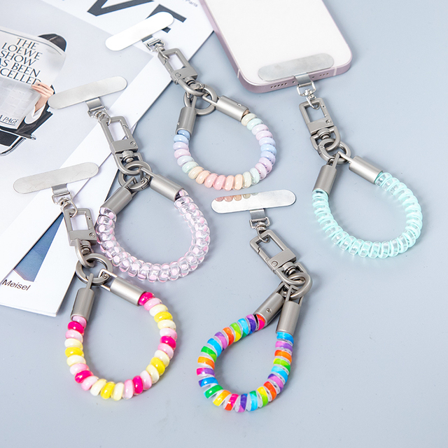 Mobile Phone Strap with Stretchable Spring Coil Keychain Hanging Rope, Anti Loss Elasticity, Phone Strap with Fixing Plate Strap