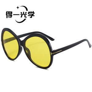 De Yi Optics Oversized <b>Round</b> <b>Sunglasses</b> Black <b>Frame</b> Yellow Lens UV400 Protection For Women Driving Outings Parties - Product Image 1