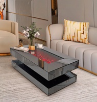 Table basse de luxe noire miroir avec cheminée électrique intégrée, meubles miroir pour salon, canapés et tapis
