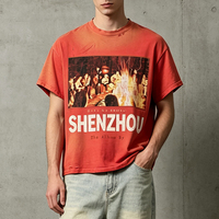 T-shirt en coton épais pour homme, style hip-hop, coupe ample et carrée, effet vieilli et délavé à l'acide, vintage