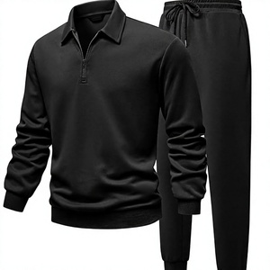 Conjunto Deportivo para Hombre, Negro, con Cierre de Cremallera a la Mitad, Manga Larga, Color Sólido, Informal, Transpirable, de Poliéster, Corte Regular, Pantalones con Cordón Ajustable - Product Image 1