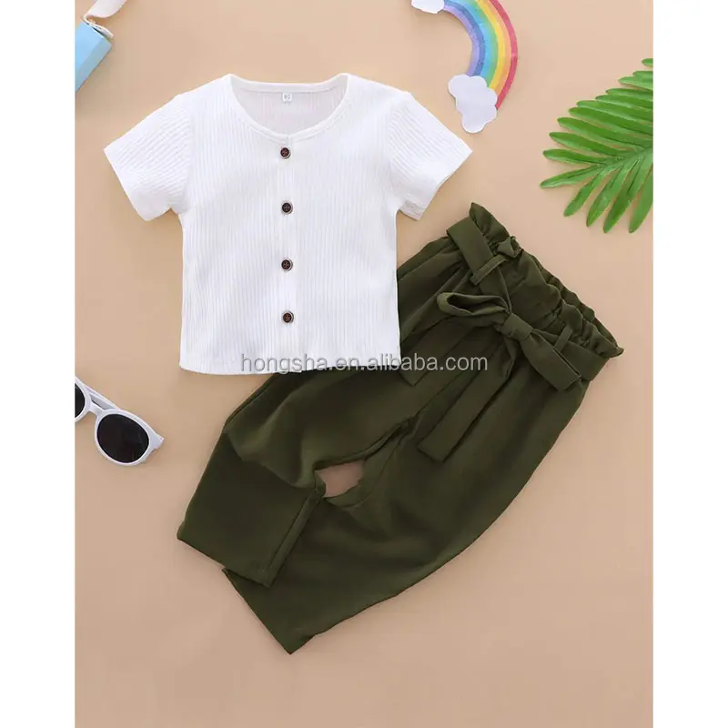 Bebek kız giyim setleri yaz kısa kollu kaburga örme üst ve kuşaklı pantolon kıyafet rahat pamuklu bebek kız setleri HSM9960
