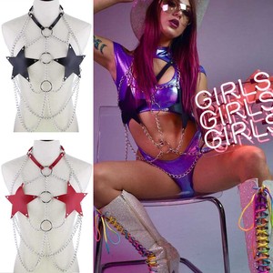 女性男性PUレザースターペンタグラムチェーンハーネスレイブフェスティバルBDSMハーネスボディチェーンチェストストラップ - Product Image 2