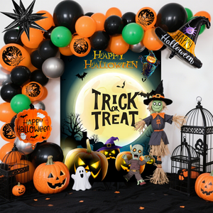 Nouvelle <span class=keywords><strong>série</strong></span> Halloween : Ensemble de ballons de fête noirs et oranges, toile de fond et décorations à thème pour Halloween - Product Image 2