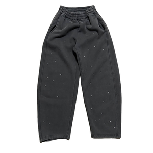 <b>Men's</b> Black Elastic Waist Sweatpants With <b>White</b> Dots Casual Loose Fit Autumn Wear Rhinestone & Acid Washed - Product Image 1