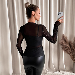 T-shirt in stile Vintage da donna con colletto a volant in Mesh <span class=keywords><strong>trasparente</strong></span> Sexy taglie forti con strass da donna - Product Image 2