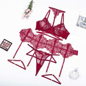 Sexy Eyelash Lace Lingerie 4 Piece <b>Set</b> Halter Neck Underwire Bra Strappy Harness <b>Suspender</b> Garter Belt Women Nightwear Wholesale - Product Image 6