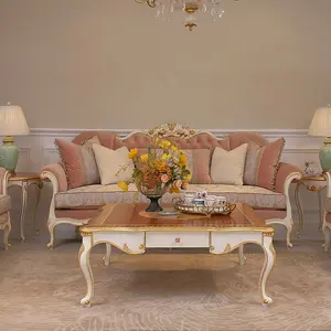 Ultimi mobili da soggiorno classici di lusso set di divani in legno massello di velluto rosso