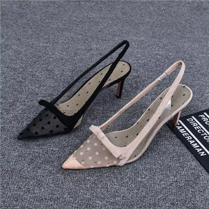 Sandals New Baotou Summer Polka Dot Mesh Fine <b>Pointed</b> High Heels Shallow Mouth Fairy Wind Single Shoes Women - Product Image 4
