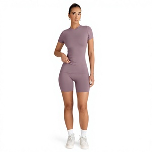 Customized Women Yoga Set Quick Dry Seamless Gym <b>Workout</b> Outfit Short Sleeve Top High Waist Biker Shorts Activewear Set - Product Image 1