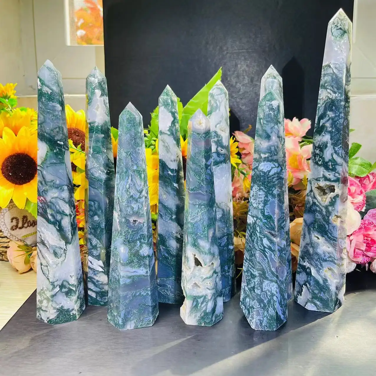 Tamanho longo atacado Alta Qualidade Natural Moss Ágata Geode Torre Cristal ponto torre varinha de cristal para a cura