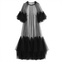 Robe Midi Vintage en Tulle Transparent Plissé Superposé, Style Perspectif, Printemps Automne, Froncée, Taille Unique, pour Soirée