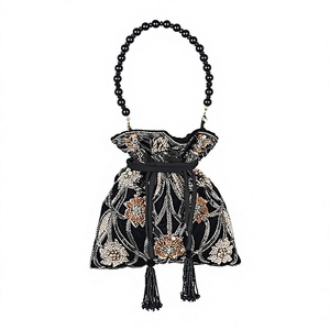 Bolso de noche negro con correa de cuentas, bordado floral hecho a mano, tipo cubo con cordón - Product Image 1