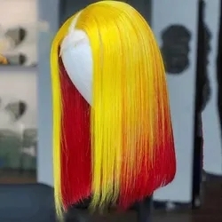 Perruque courte <span class=keywords><strong>bob</strong></span> en cheveux humains vierges à 100 %, dentelle frontale 13x4, <span class=keywords><strong>jaune</strong></span> et rouge, ligne de cheveux naturelle, raie au milieu, pour <span class=keywords><strong>femme</strong></span> - Product Image 5