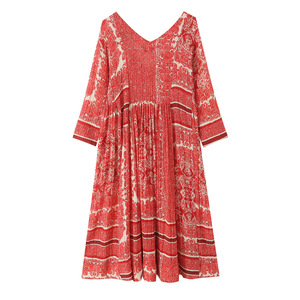 Vestido Midi Bohemio con Estampado Floral y Cuello en V para Mujer, Manga Larga, Corte en A, con Volantes, para Vacaciones, OEM/ODM por Fábrica China - Product Image 2