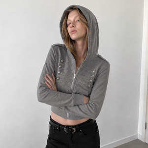 Sweat à capuche zippé pour femme, couleur unie, tissé, avec détails boutons métalliques, manches longues, style streetwear décontracté, haut d'automne - Product Image 5