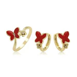 65406 Xuping Jewelry elegant high design red butterfly set with diamond open ring and ear clip earrings two-piece set