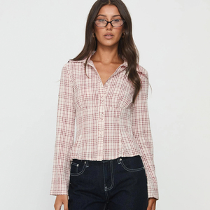 Camisa de Manga Larga con Cuello de Solapa y Bloques de Color a Cuadros para Mujer, Estilo Casual Y2K, Top de Moda Urbana - Product Image 1